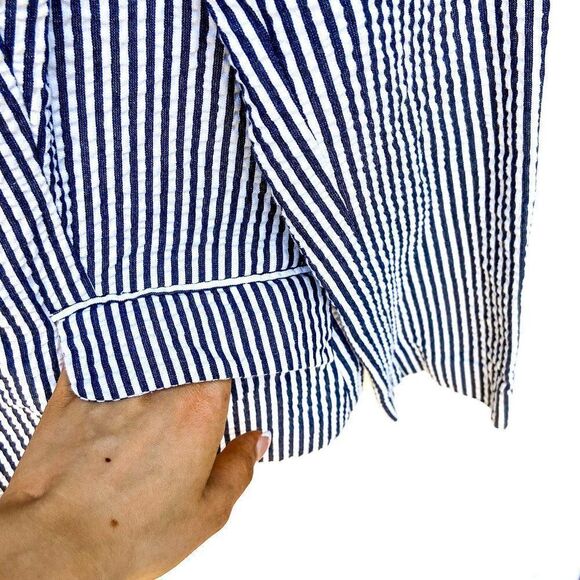 Sandro Navy Blue White Stripped Seersucker Long Sleeve Three Button Blazer - Picture 5 of 9